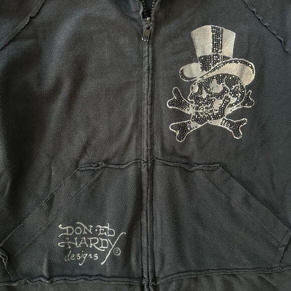 Y2K Ed Hardy Full Zip Hoodie Sweater Black LA Skull Graphic Size Medium Crop Fit - Picture 4 of 8